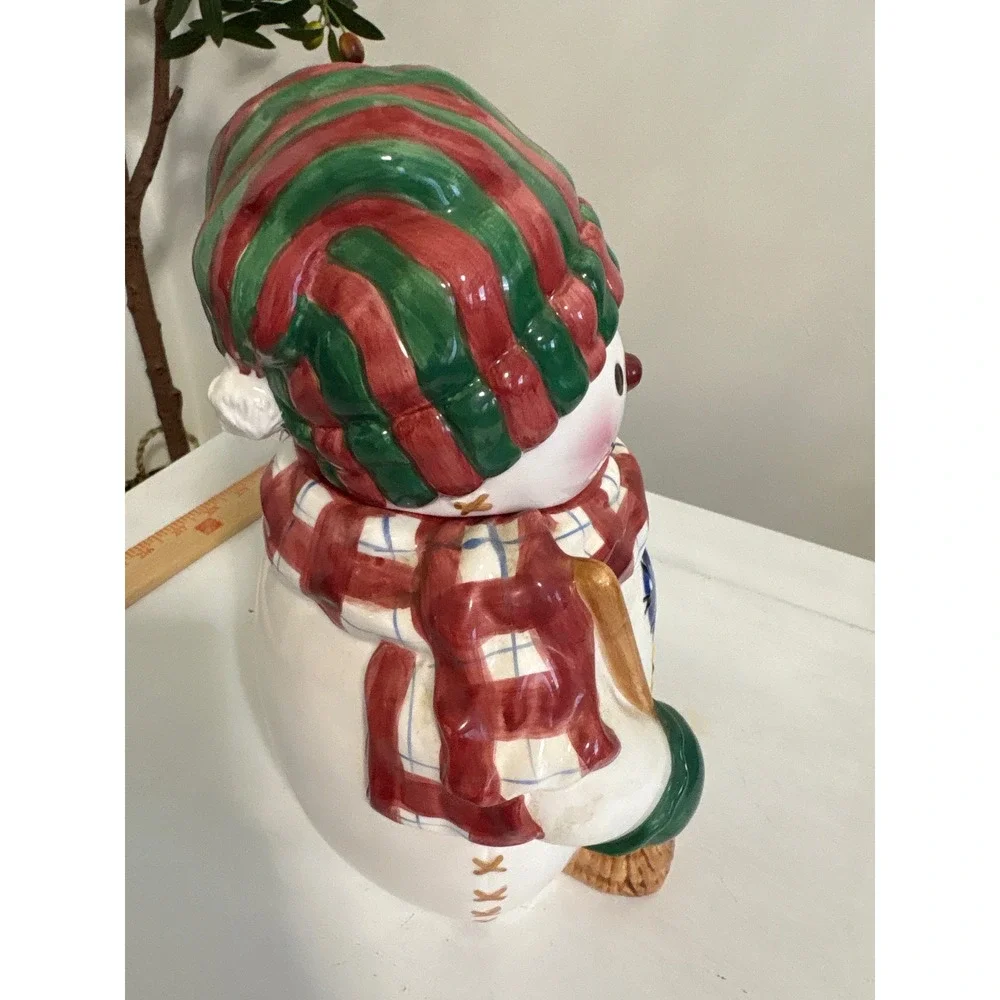 Holly Tree Snowman Cookie Jar Christmas Ceramic Holiday Canister Red Green 11in